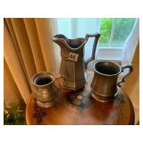 PEWTER PITCHER AND MUGS, HEXAGONAL FORM PITCHER,