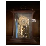 MANTEL CLOCK, WOOD CASE, GLASS PANELS, BRASS