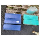 GLASS BLOCKS, BLUE AND GREEN PLASTIC CAPS,