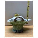 MILK GLASS COVERED DISH, BASKET WEAVE PATTERN,