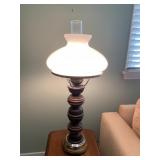 TABLE LAMP, TURNED WOOD BASE, BRASS ACCENTS, MILK