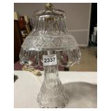 PRESSED GLASS TABLE LAMP, FLORAL ETCHED SHADE,