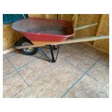 WHEELBARROW, METAL TRAY, WOODEN HANDLES,