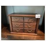 WOOD JEWELRY CHEST, SIX DRAWERS, BRASS BAIL