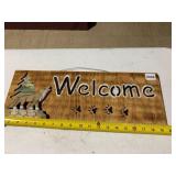 WOODEN WELCOME SIGN, HAND-CARVED WOLF AND PINE