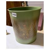 METAL WASTE BASKET, GREEN FINISH, EAGLE AND ARROW