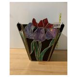 STAINED GLASS PLANTER, IRIS FLORAL DESIGN, METAL