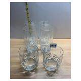 CRYSTAL DRINKING GLASSES, FAN PATTERN, ETCHED