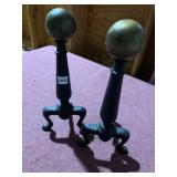 CAST IRON FIREPLACE ANDIRONS, BRASS BALL FINIALS,