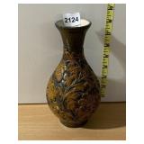 CERAMIC VASE, BROWN GLAZE, FLORAL RELIEF PATTERN,