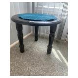 WOOD STOOL, ROUND TOP, BLACK FINISH, TURNED LEGS.