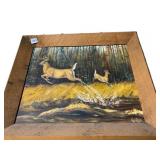 OIL PAINTING ON CANVAS, DEER IN WOODED LANDSCAPE,