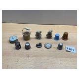ASSORTED THIMBLES, MINIATURE WOODEN BUCKET,