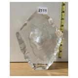CLEAR GLASS WOLF SCULPTURE, FROSTED DETAIL, ROCK