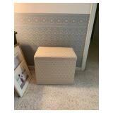 WICKER STORAGE HAMPER, HINGED LID, WHITE FINISH,