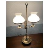 BRASS DOUBLE-ARM TABLE LAMP, MILK GLASS SHADES,