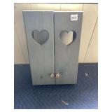 WOODEN WALL CABINET W/ TWO DOORS, HEART CUTOUTS,