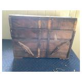 WOODEN STORAGE CHEST, SLAT TOP, HINGED LID, METAL