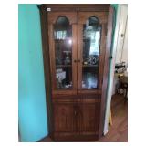 WOOD CORNER DISPLAY CABINET, GLASS FRONT DOORS,