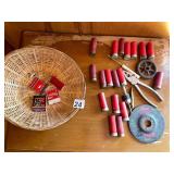 WICKER BASKET, ASSORTED SHOTGUN SHELLS, PLIERS,
