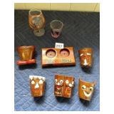 CERAMIC SHOT GLASSES W/ HUMOROUS FACES, WOODEN