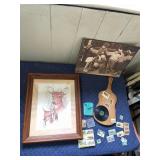 FRAMED DEER PRINT, PHOTOGRAPH OF CHILDREN, WOODEN