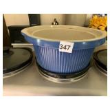 BLUE RIBBED STONEWARE CASSEROLE DISH, CREAM