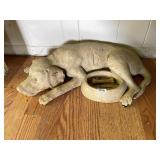 CAST RESIN SLEEPING DOG FIGURINE W/ ATTACHED BOWL
