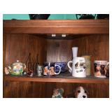 ASSORTED CERAMIC MUGS, TEAPOT, FIGURINES, METAL