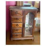 WOOD JEWELRY CHEST, FIVE DRAWERS, HINGED DOOR W/