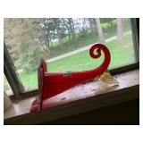 RED GLASS CORNUCOPIA VASE, RIBBED DESIGN, CLEAR
