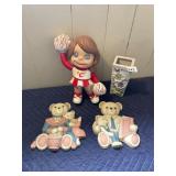 HOMCO WALL PLAQUES, CERAMIC CHEERLEADER FIGURINE,