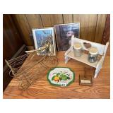 DECORATIVE WIRE SLEIGH, METAL LEMON TRAY, WOODEN