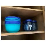 PLASTIC MIXING BOWLS, BLUE GLASS STORAGE JARS W/