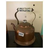 COPPER TEA KETTLE, CERAMIC HANDLE AND LID FINIAL