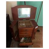 WOODEN JEWELRY ARMOIRE W/ MIRROR, HINGED SIDE