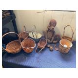 ASSORTED WICKER BASKETS, WICKER DOG FIGURINE,
