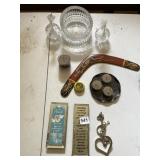 CRYSTAL BOWL, OIL LAMPS, BOOMERANG, SLATKIN & CO