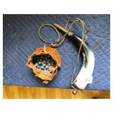 POWDER HORN W/ BRASS SPOUT, LEATHER POUCH