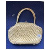 WOVEN STRAW HANDBAG, YELLOW, METAL FEET, CLASP