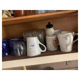 ASSORTED DRINKWARE, CERAMIC MUGS, GLASS TUMBLERS,