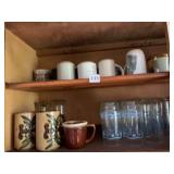ASSORTED DRINKWARE, CERAMIC MUGS, GLASS TUMBLERS