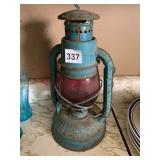METAL HURRICANE LANTERN, BLUE FINISH, RED GLASS