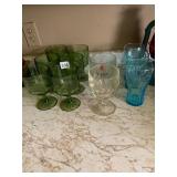 ASSORTED DRINKWARE, GREEN PRESSED GLASS GOBLETS,