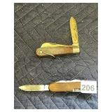 TWO MULTI-TOOL POCKET KNIVES, WOOD HANDLES, ONE