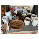 ASSORTED CERAMIC AND MILK GLASS MUGS, INCLUDES