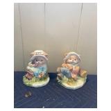PAIR OF CERAMIC BEAR FIGURINE COIN BANKS, FLORAL