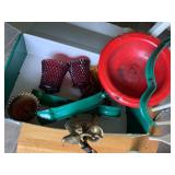 CHRISTMAS DECOR GROUPING, RED METAL BOWL, GREEN