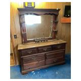 WOOD DRESSER W/ ATTACHED MIRROR, SHELVES, BRASS