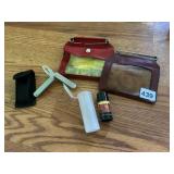 MULTI-TOOL W/ SHEATH, TWO LEATHER ID HOLDERS,
